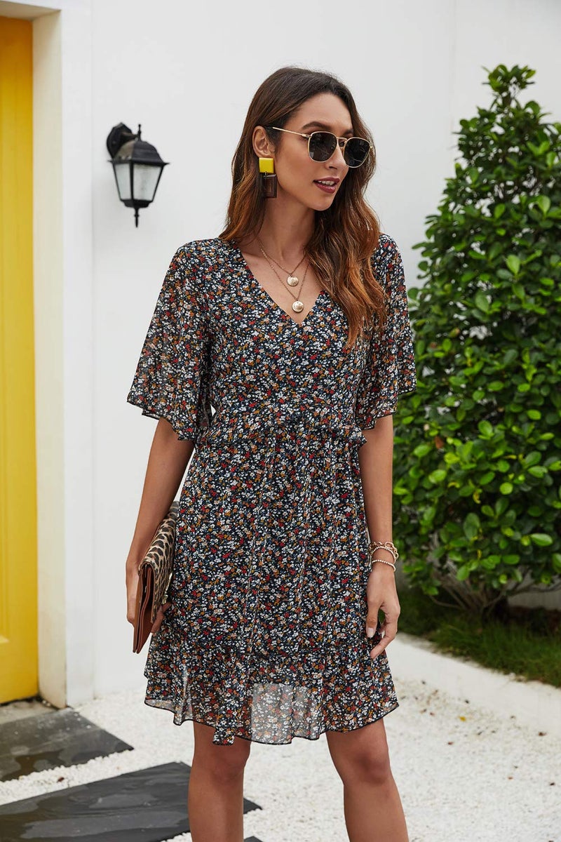 Manydress Women's Summer Floral Print V Neck Casual Mini Boho Ruffle Swing Dress MY068 (Black Print, S) - Image 5